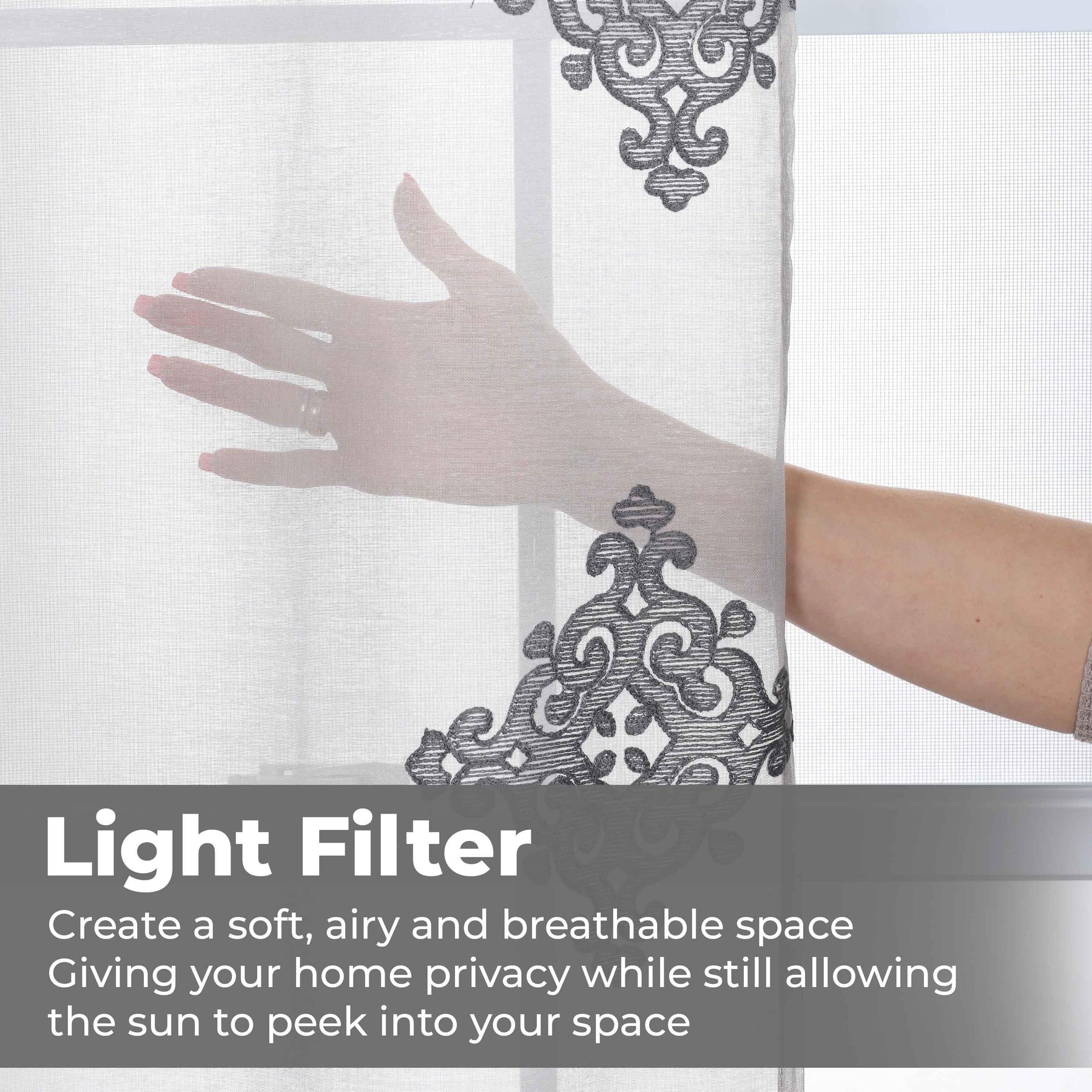 Traditional Embroidered Damask Sheer Grommet Curtain Panel Set