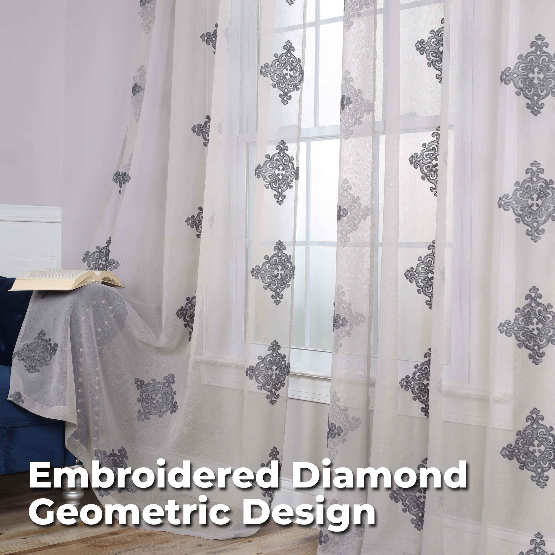 Traditional Embroidered Damask Sheer Grommet Curtain Panel Set