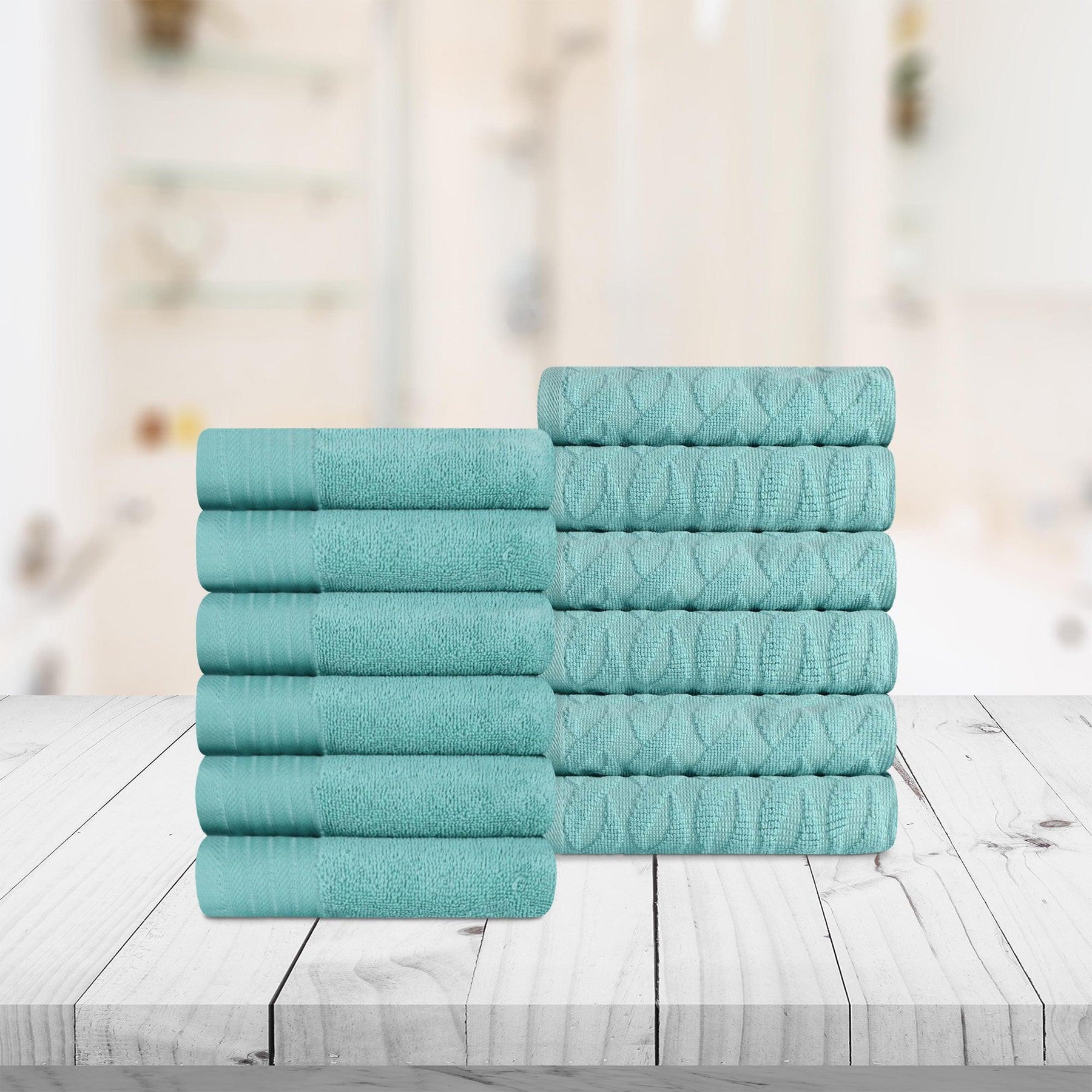 Turkish Cotton Jacquard Herringbone and Solid 12 Piece Face Towel Set