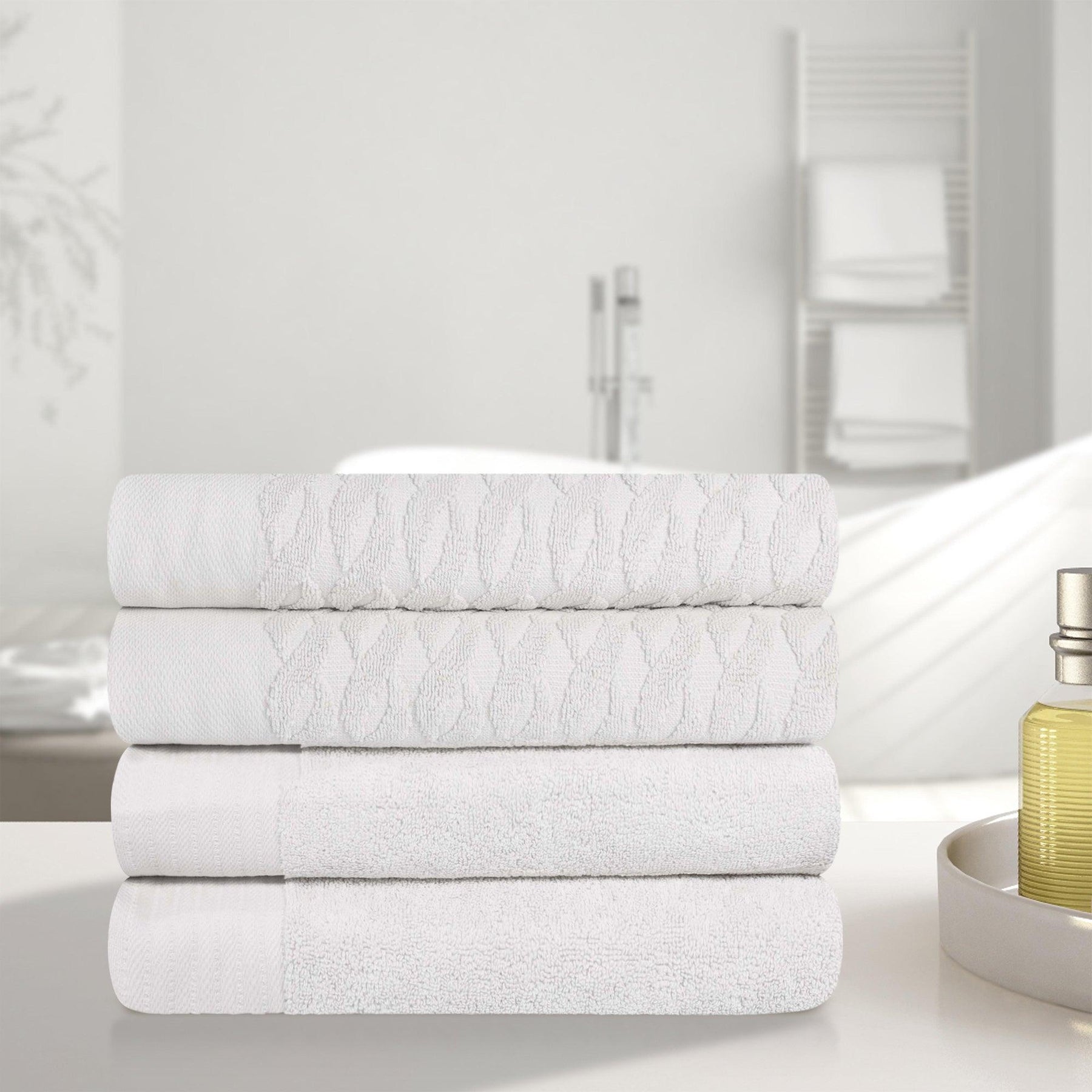 Turkish Cotton Jacquard Herringbone and Solid 4 Piece Bath Towel Set