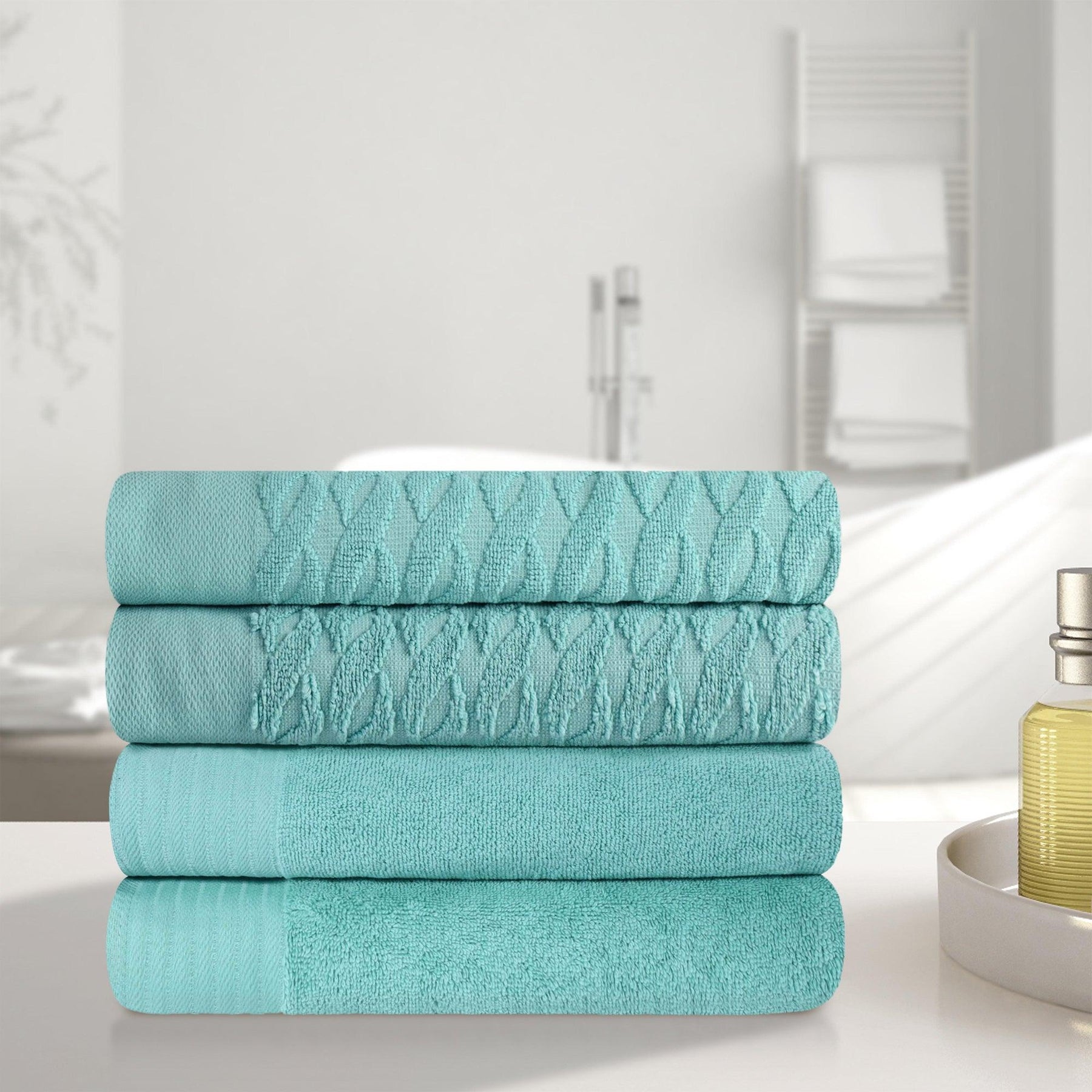 Turkish Cotton Jacquard Herringbone and Solid 4 Piece Bath Towel Set