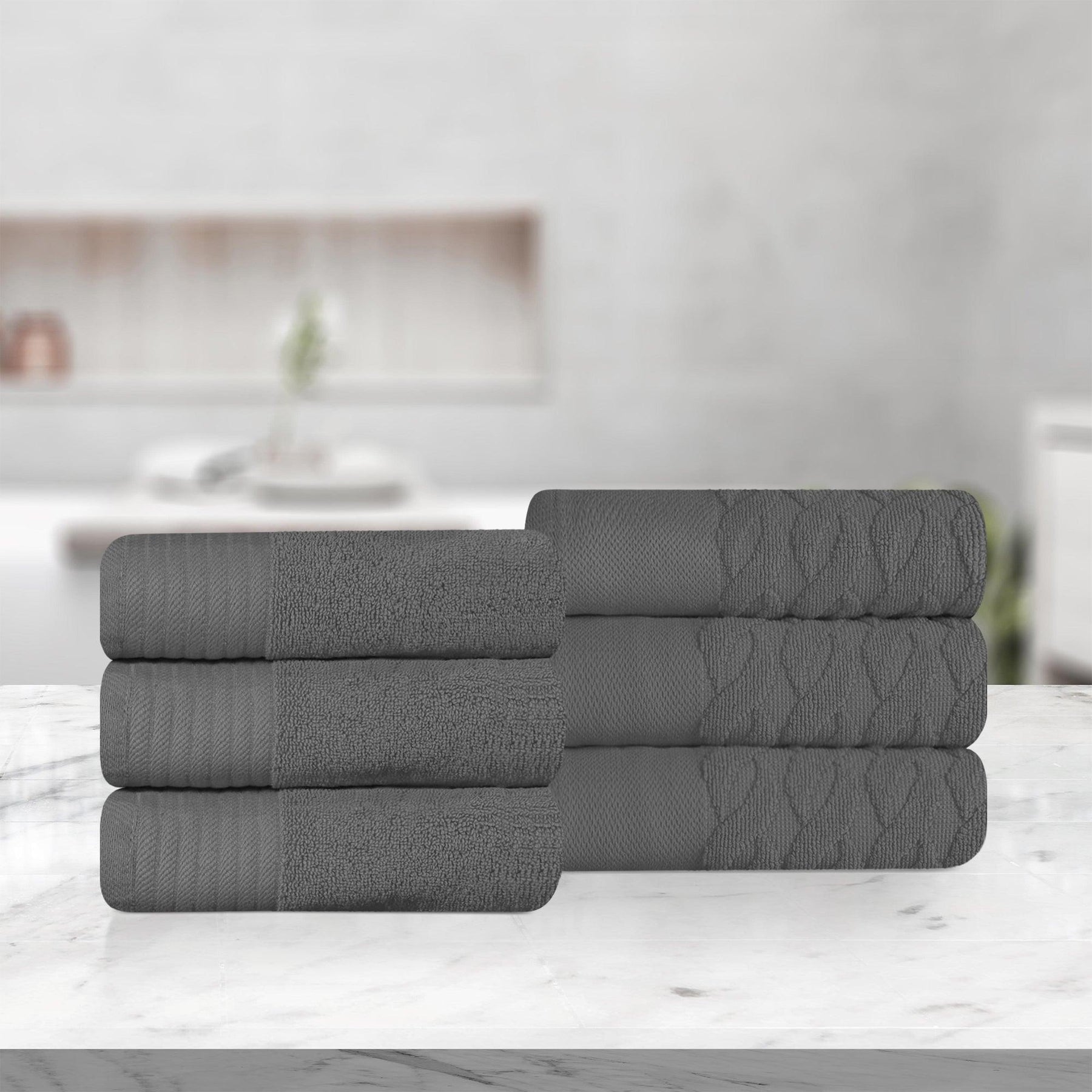 Turkish Cotton Jacquard Herringbone and Solid 6 Piece Hand Towel Set