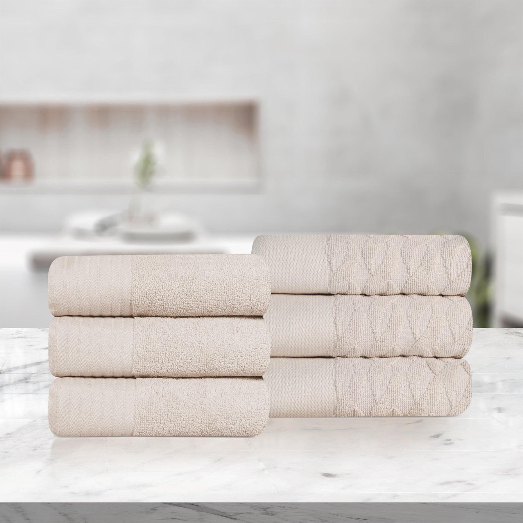 Turkish Cotton Jacquard Herringbone and Solid 6 Piece Hand Towel Set