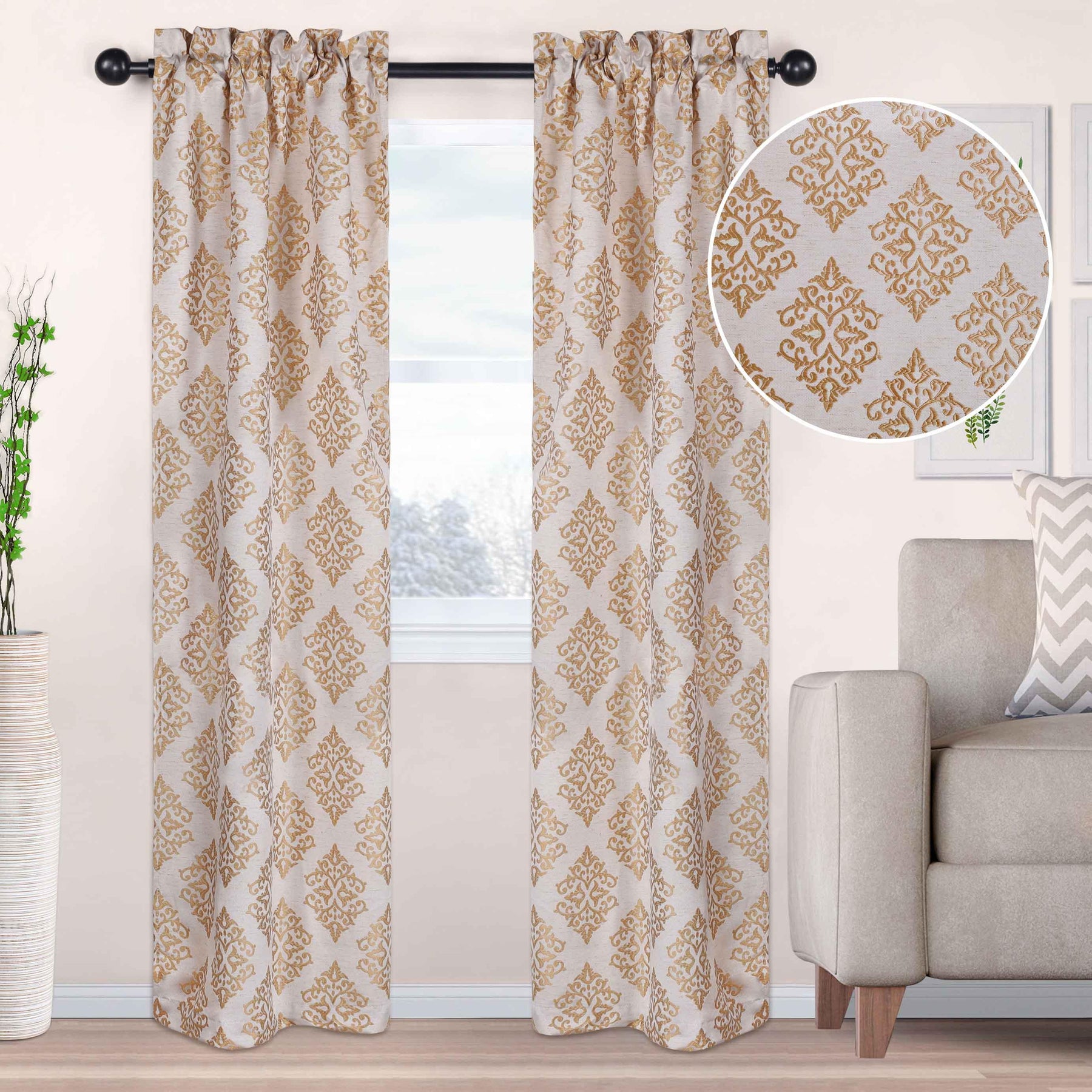 Venetian Damask Jacquard Grommet Traditional Curtain Panel Set