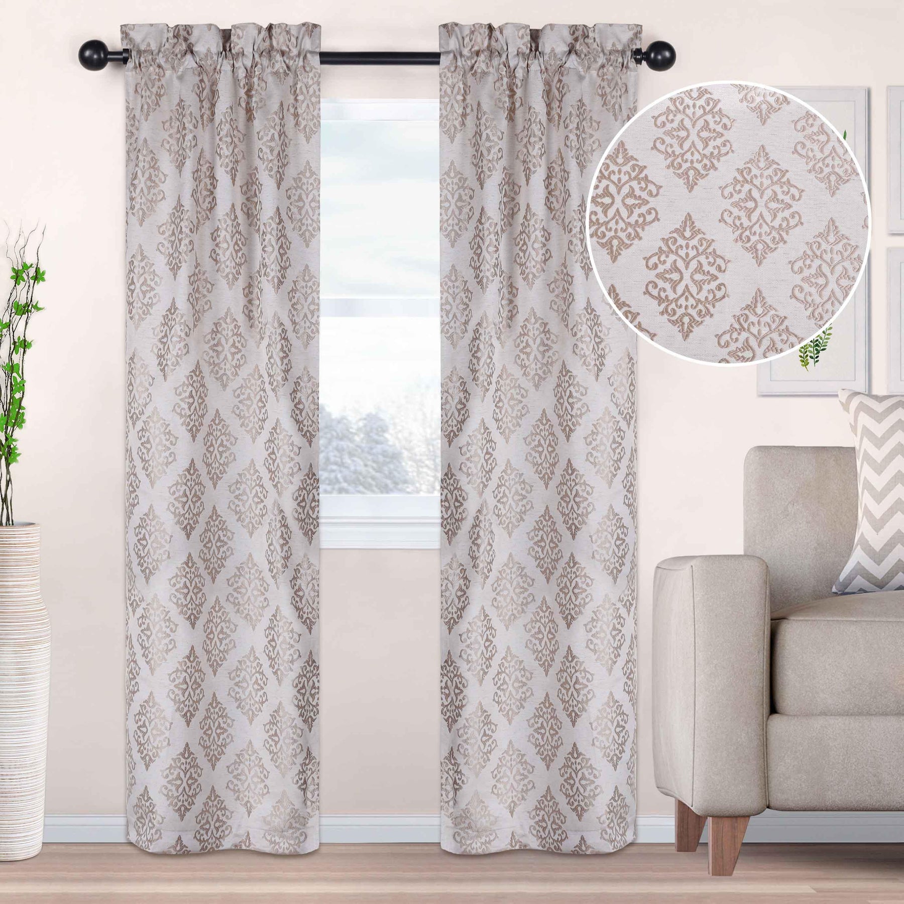 Venetian Damask Jacquard Grommet Traditional Curtain Panel Set