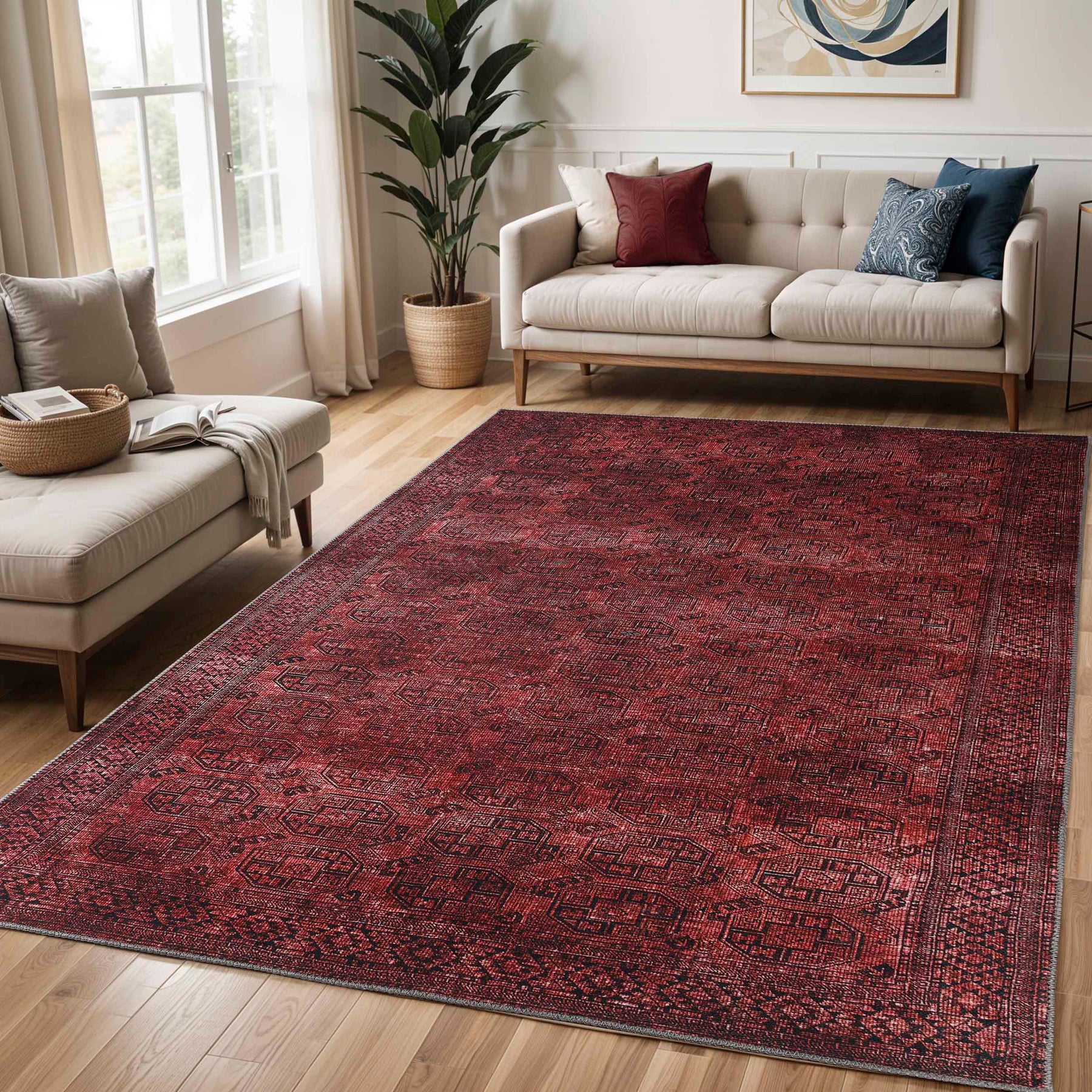Vintage Oriental Geometric Power-Loomed Indoor Area Rug