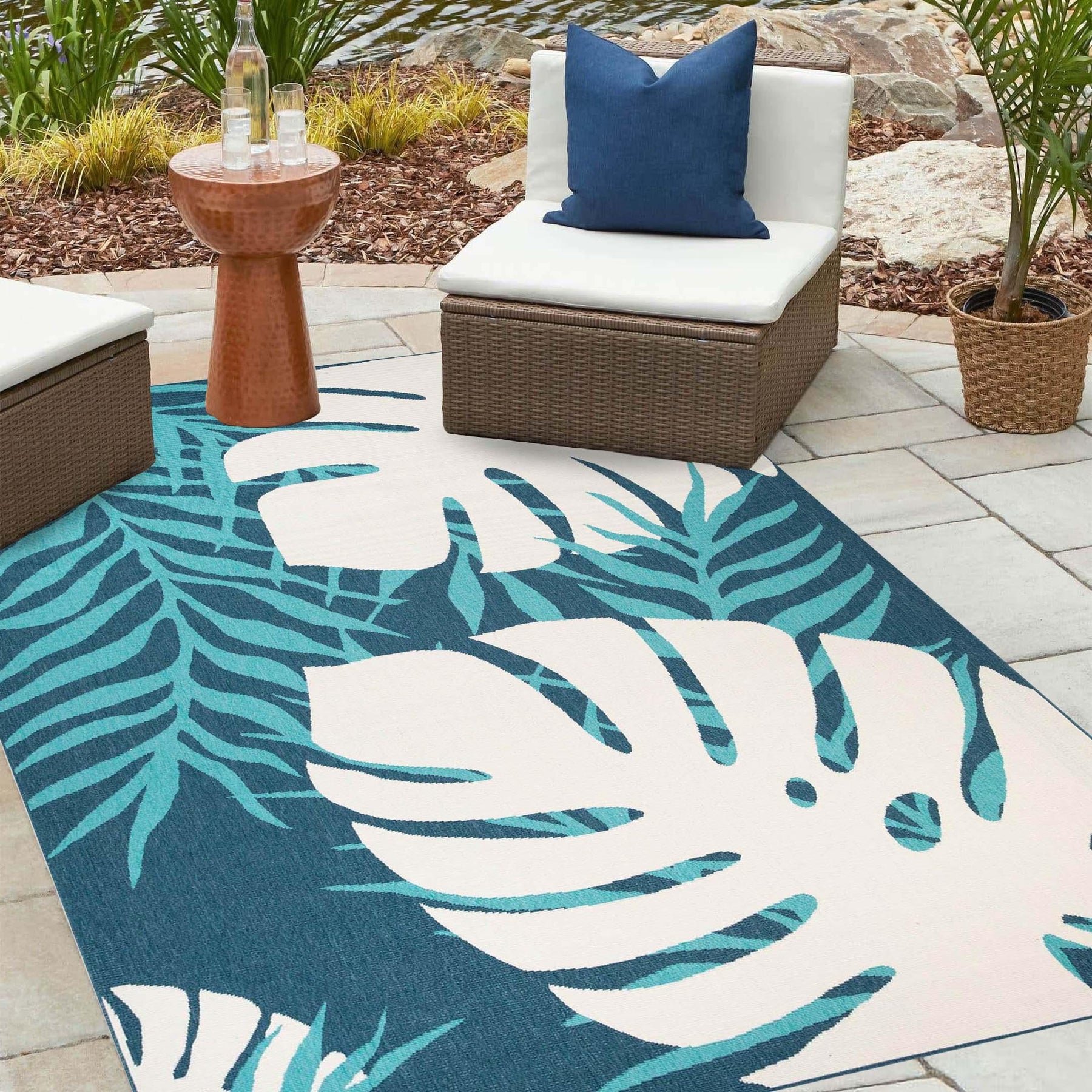 Waikiki Oversized Tropical Leaves Coastal Area Rug Indoor Outdoor Rugs