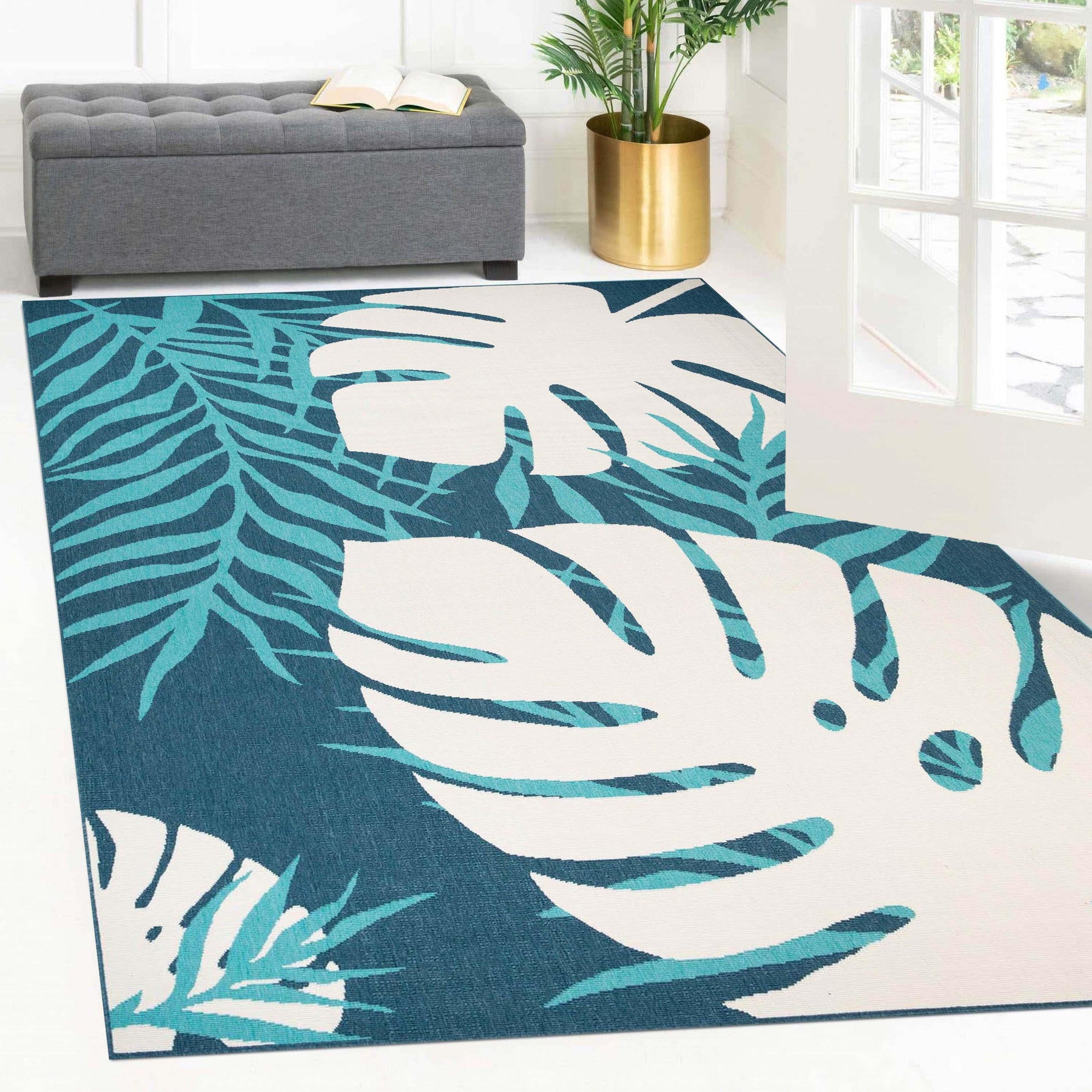 Waikiki Oversized Tropical Leaves Coastal Area Rug Indoor Outdoor Rugs