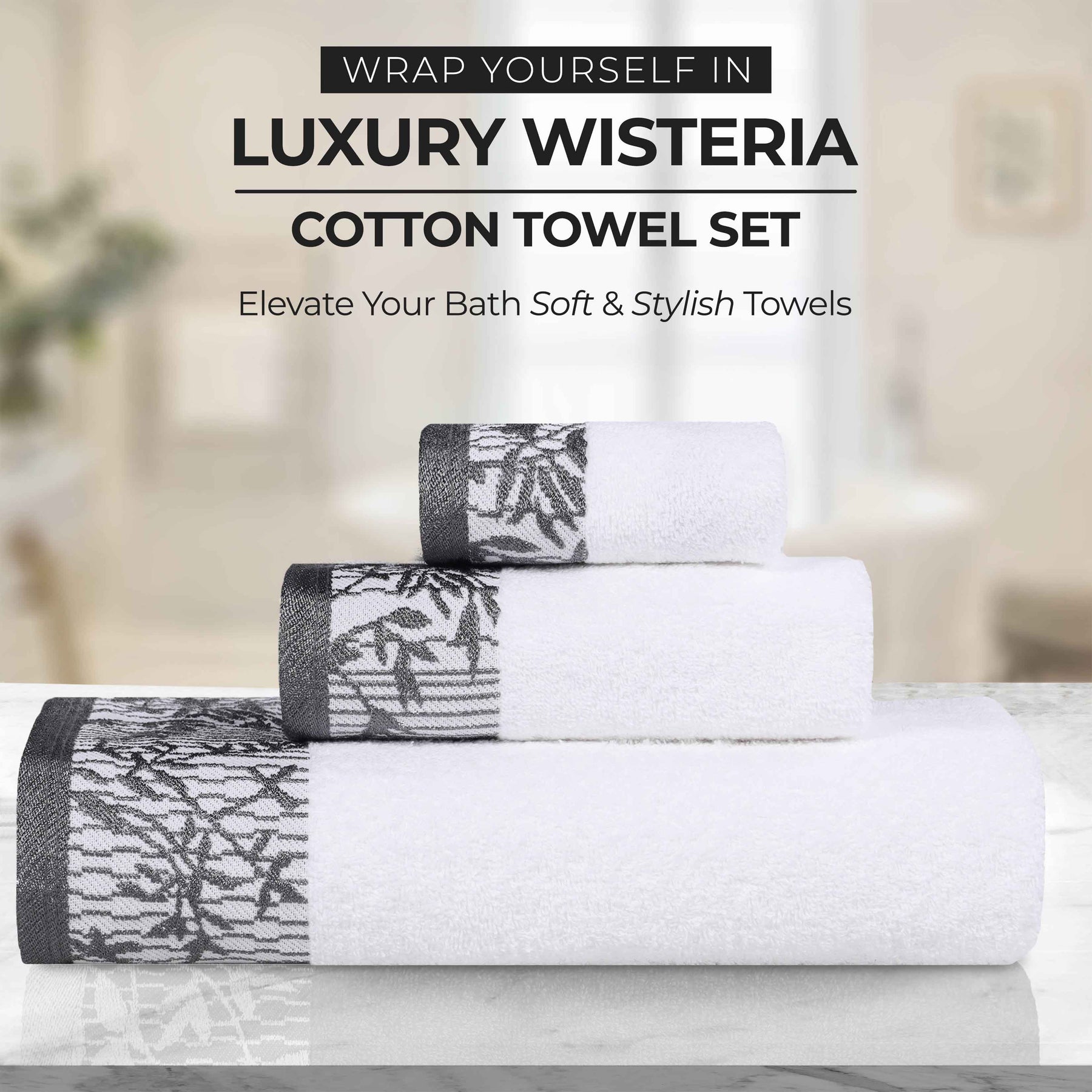 Wisteria Cotton Medium Weight Floral Jacquard Hand Towels, Set of 4