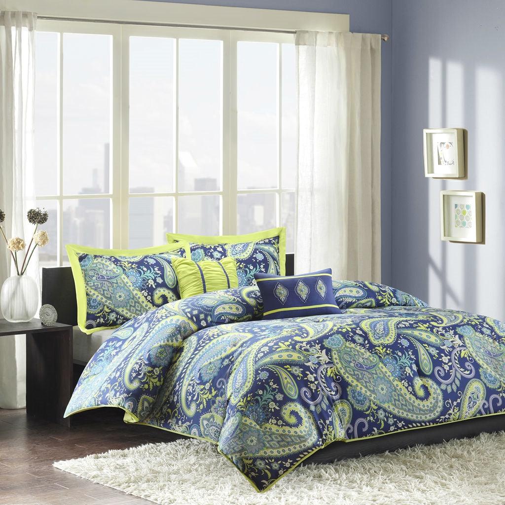 Full / Queen size 5-Piece Paisley Comforter Set in Blue and Yellow Colors - beddingbag.com