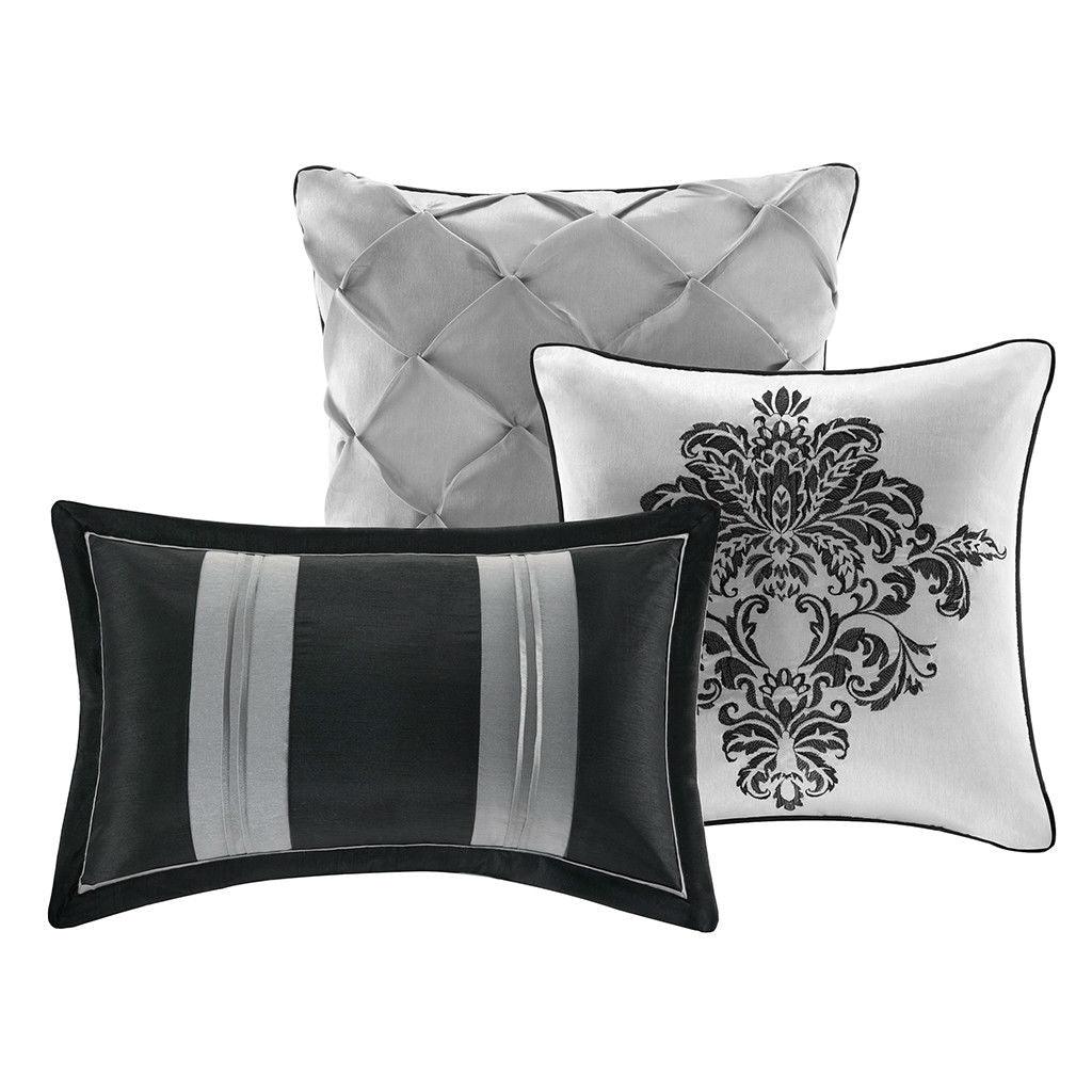 California King size 7-Piece Comforter Set with Black Grey Damask Pattern - beddingbag.com