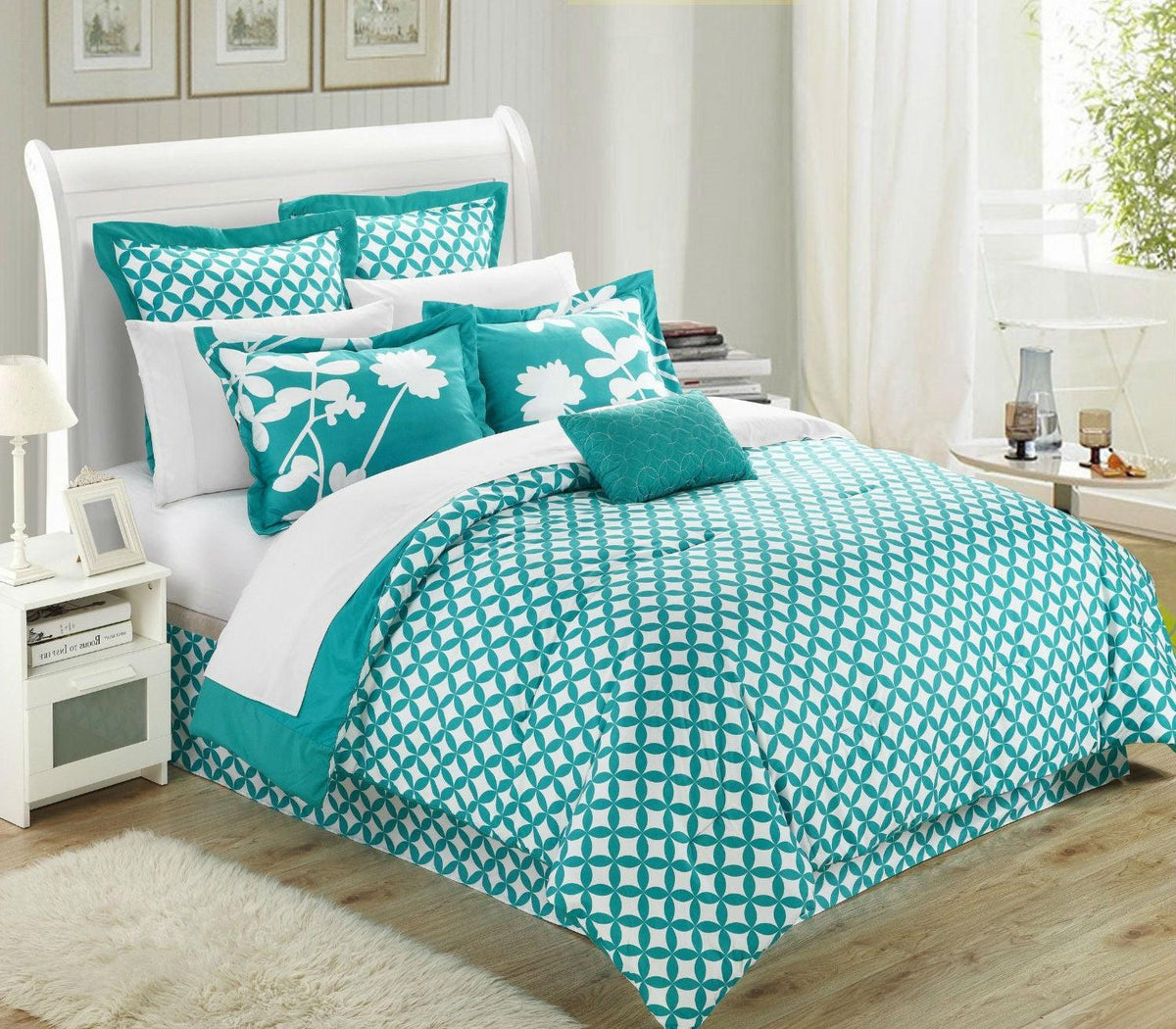 Queen size Turquoise 7-Piece Floral Bed in a Bag Comforter Set - beddingbag.com