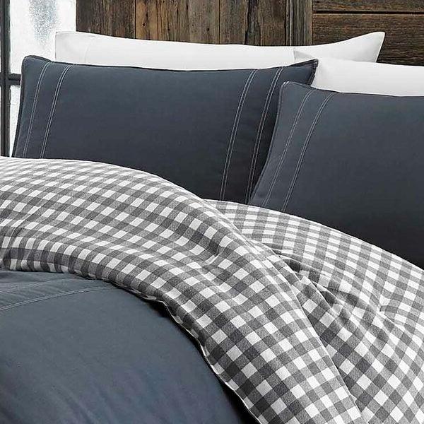 King size 100% Cotton Reverse Plaid Gray/White Comforter Set - beddingbag.com