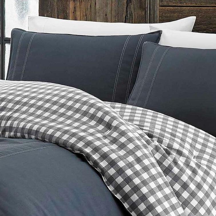 Full/Queen size 100% Cotton Reverse Plaid Gray/White Comforter Set - beddingbag.com