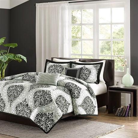 Full / Queen 5-Piece Black White Damask Print Comforter Set - beddingbag.com