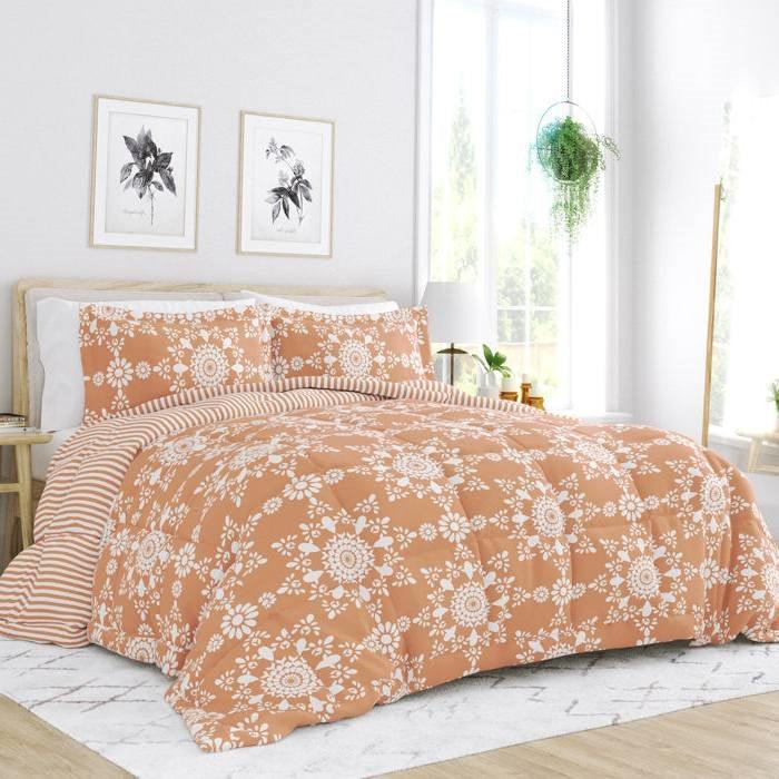 Full/Queen size 3-Piece Clay and White Reversible Floral Striped Comforter Set - beddingbag.com