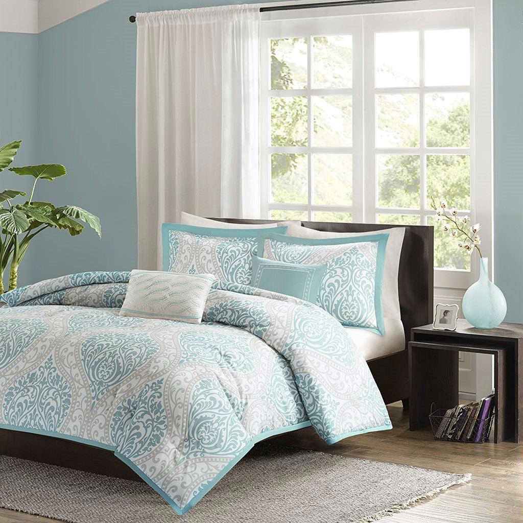 Full / Queen size 5-Piece Damask Comforter Set in Light Blue White and Grey - beddingbag.com