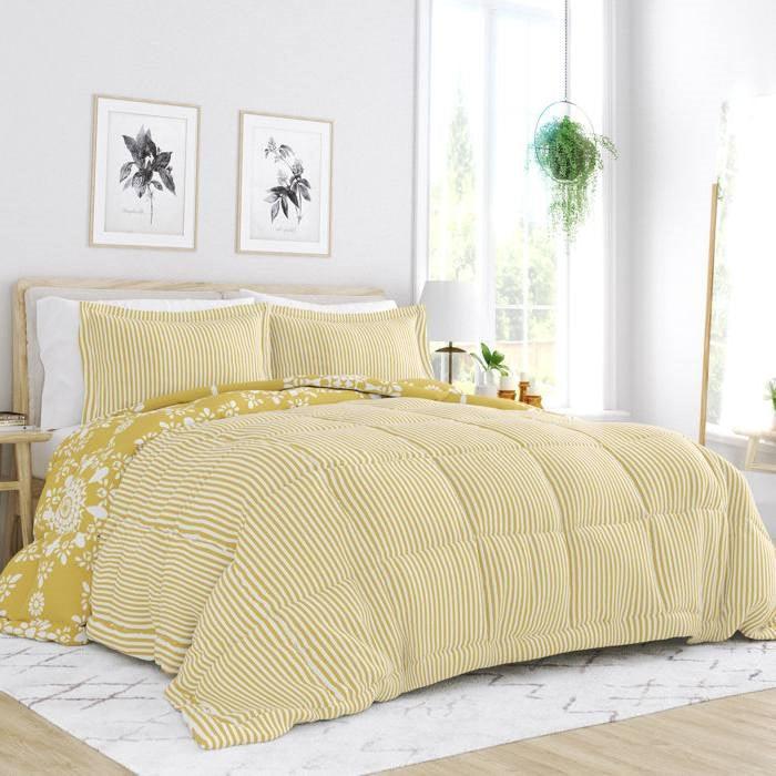 Full/Queen size 3-Piece Yellow White Reversible Floral Striped Comforter Set - beddingbag.com