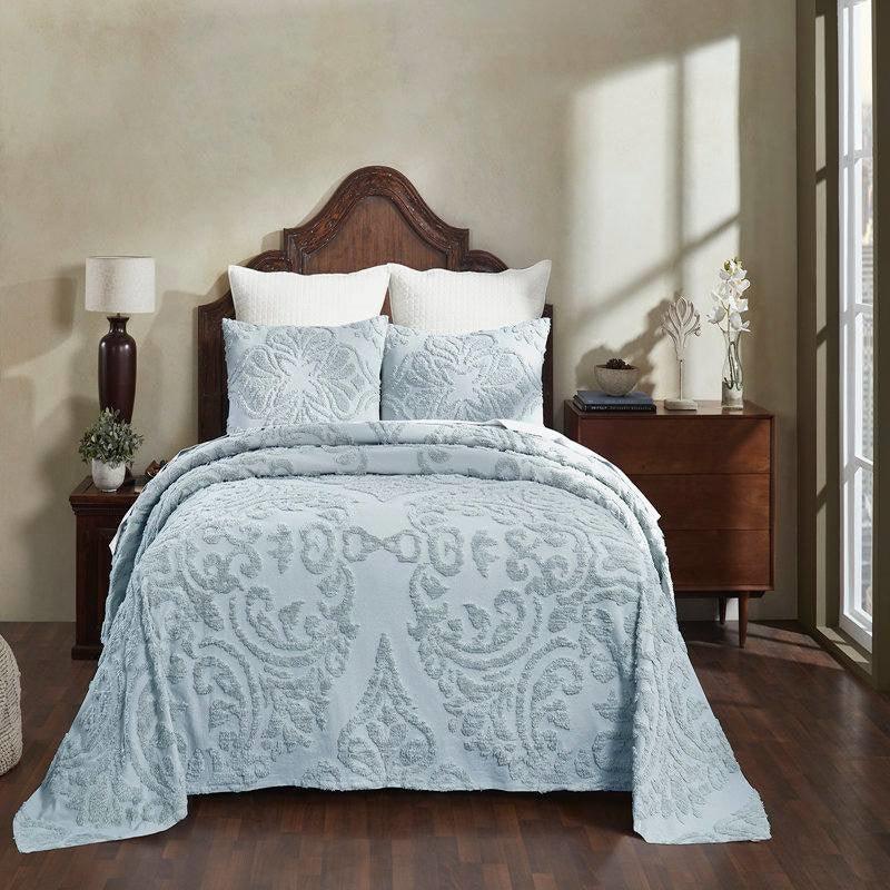 Full Size 100-Percent Cotton Chenille 3-Piece Coverlet Bedspread Set in Blue - beddingbag.com