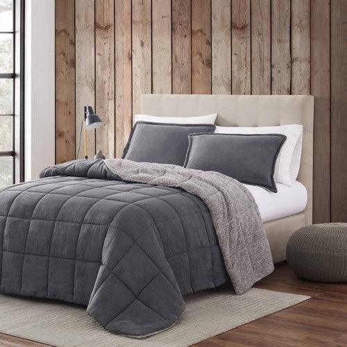 Full/Queen Plush Sherpa Reversible Micro Suede Comforter Set in Gray