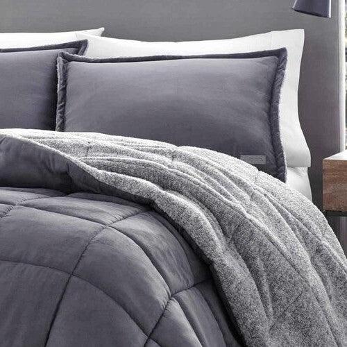 Full/Queen Plush Sherpa Reversible Micro Suede Comforter Set in Gray - beddingbag.com