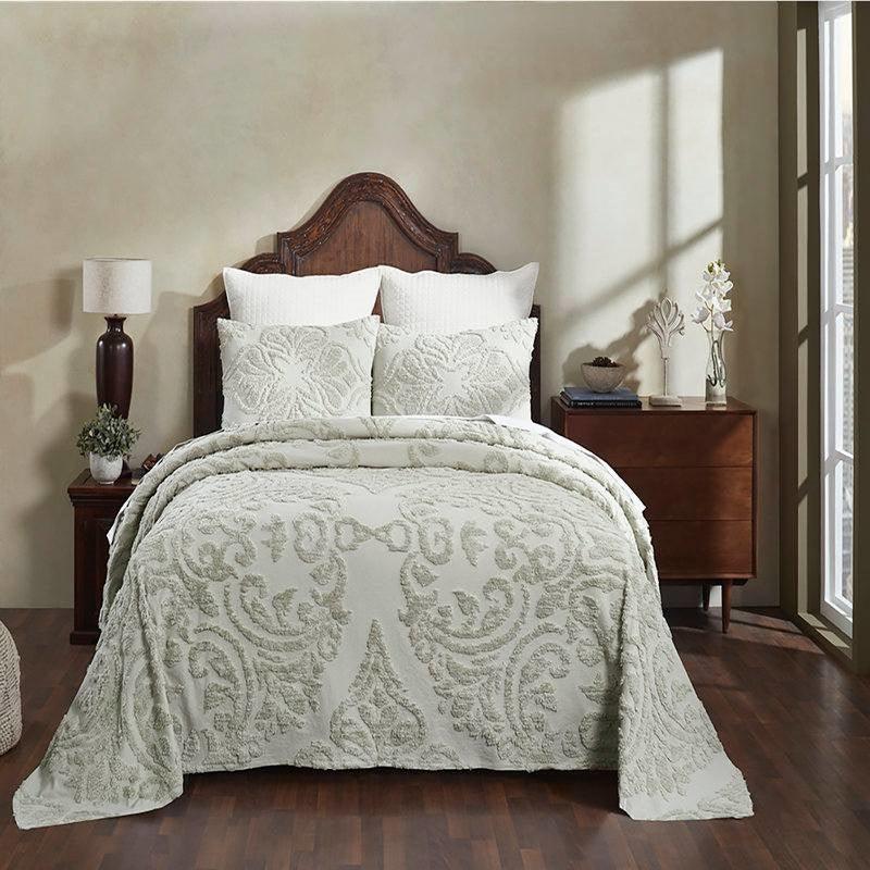 King Size 100-Percent Cotton Chenille 3-Piece Coverlet Bedspread Set in Sage - beddingbag.com