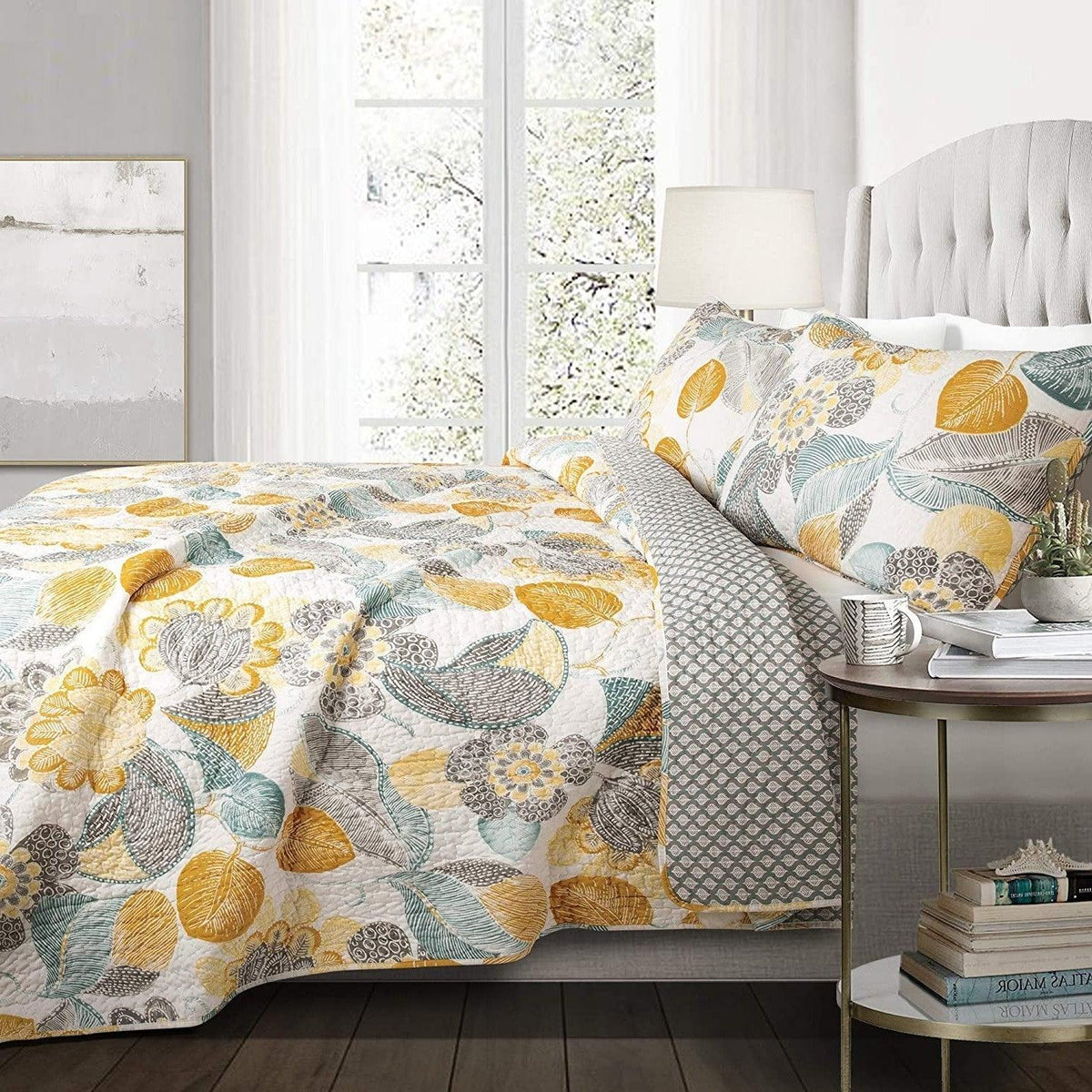 3 Piece Reversible Yellow Grey Floral Cotton Quilt Set in King Size - beddingbag.com