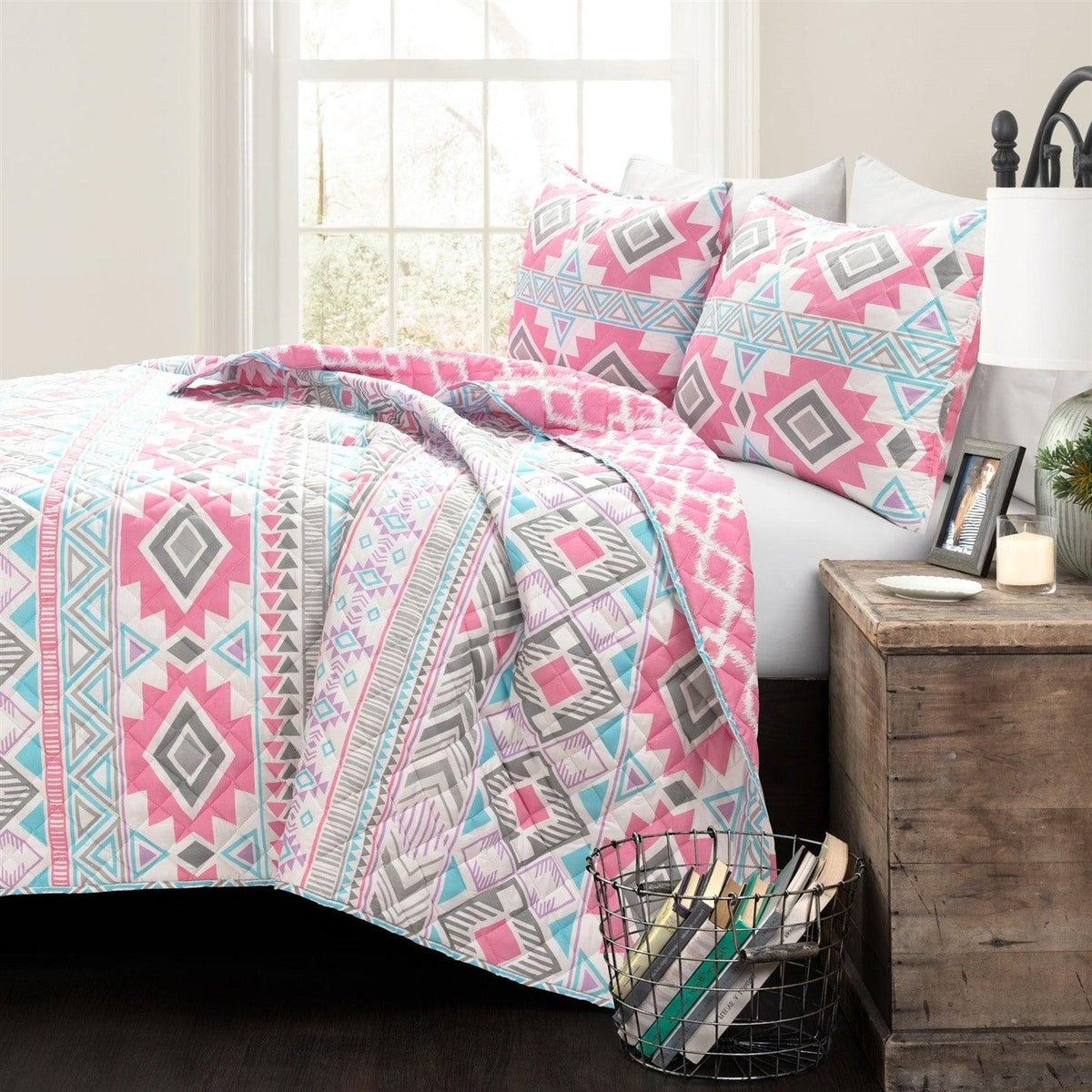Full/Queen Southwest Style Polyester Pink Blue Striped Reversible Quilt Set - beddingbag.com