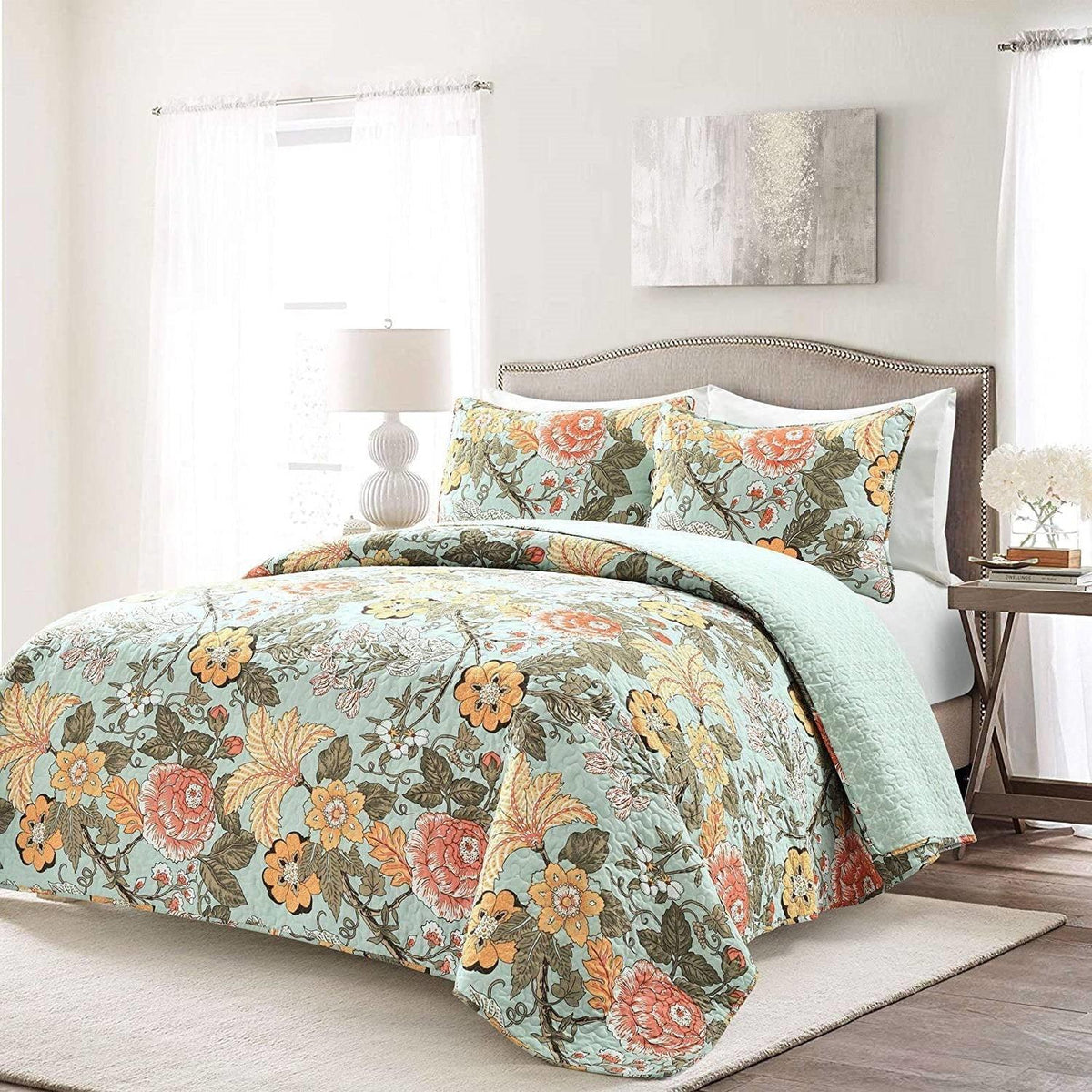 3 Piece FarmHouse Teal Floral Cotton Reversible Quilt Set, King - beddingbag.com