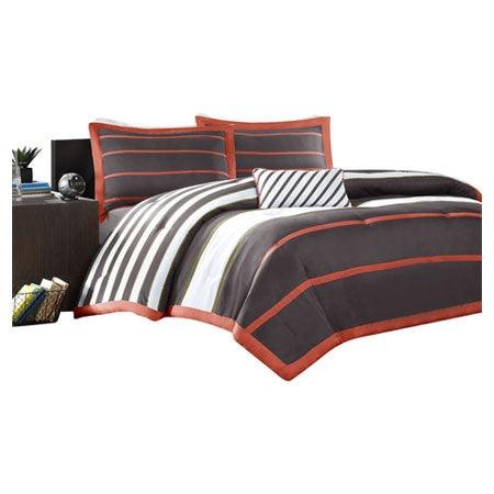 Full / Queen Bed Bag Comforter Set in Dark Gray Orange White Stripes - beddingbag.com