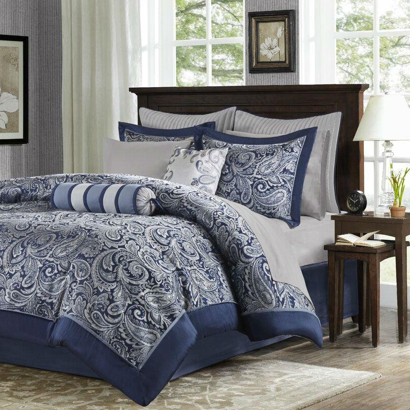 California King 12-piece Reversible Cotton Comforter Set in Navy Blue and White - beddingbag.com