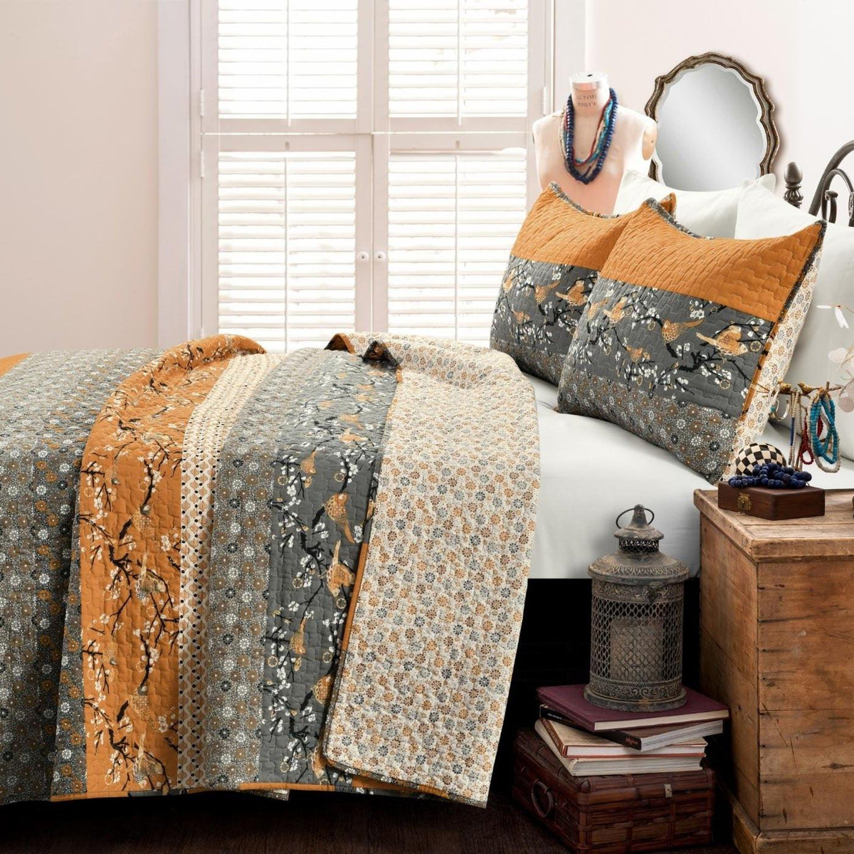 Full/Queen Size Orange Grey Floral Birds Reversible 3 Piece Quilt Set - beddingbag.com