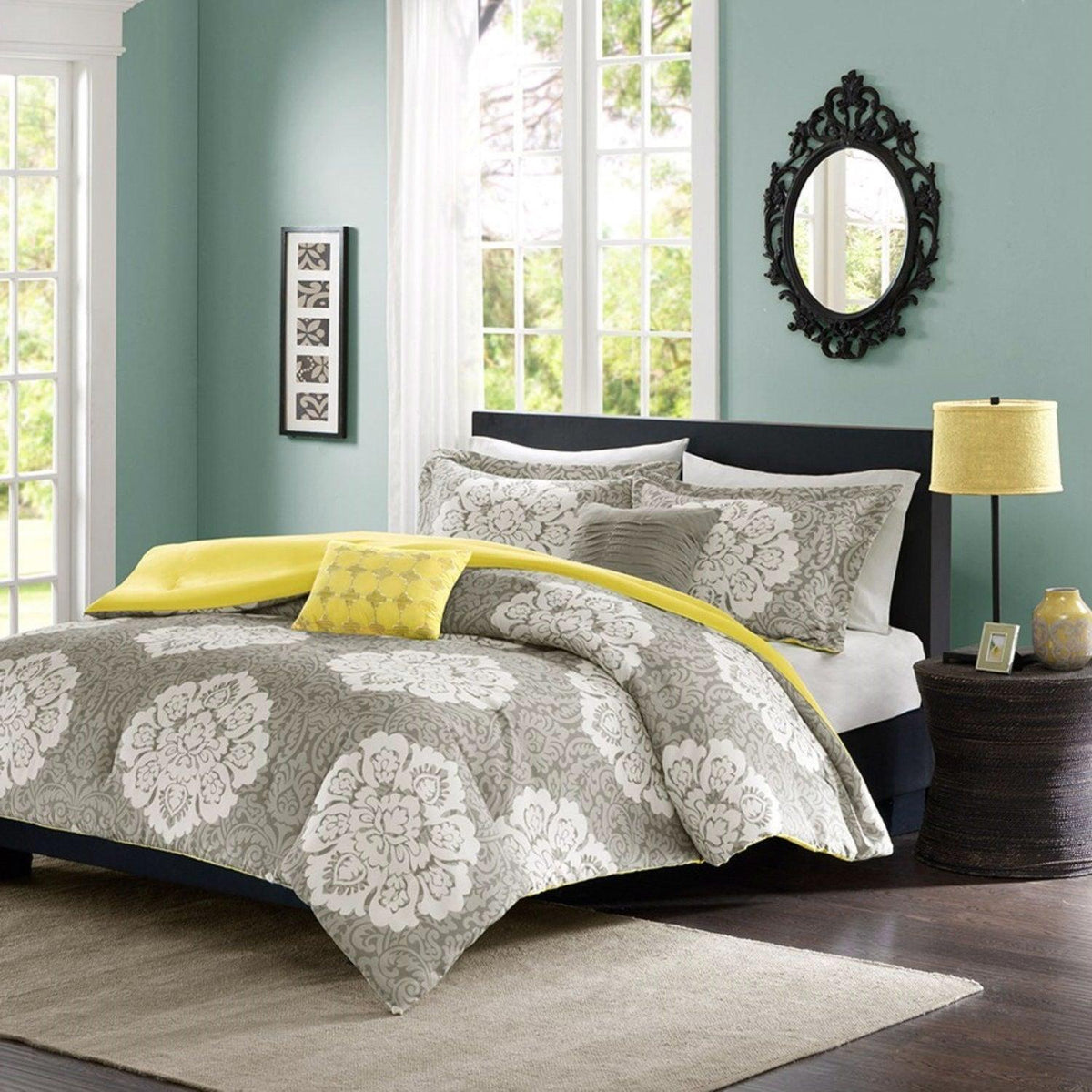 Full / Queen Grey White Damask Comforter Set with Soft Yellow Reverse - beddingbag.com