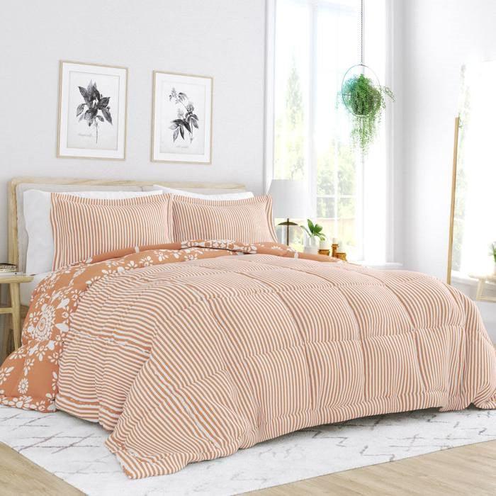 Twin 2 Piece Clay and White Reversible Daisy Medallion Striped Comforter Set - beddingbag.com