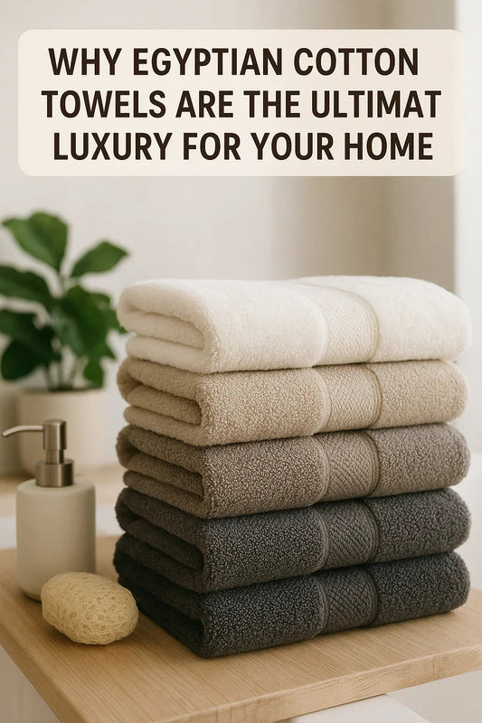 Stack of luxury Egyptian cotton bath towels in neutral shades, soft and plush, perfect for home bathroom comfort.