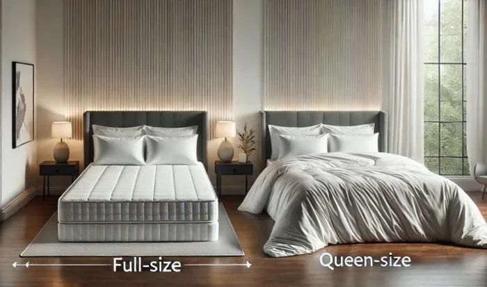 Full-size and Queen-size beds with luxury bedding and Egyptian cotton sheets in a modern bedroom