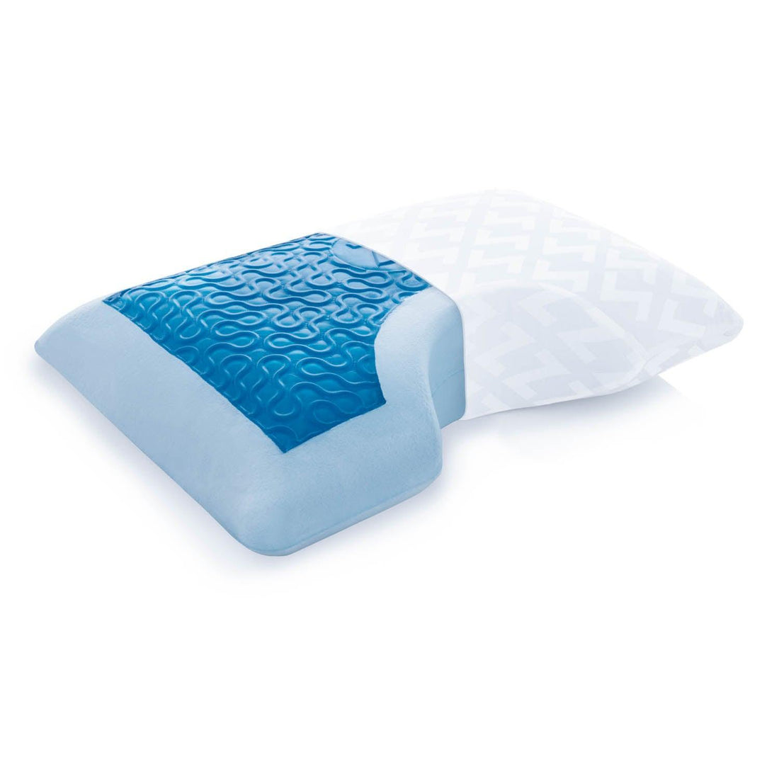 Cooling gel memory foam pillow with blue wave design and white patterned cover for comfortable sleep