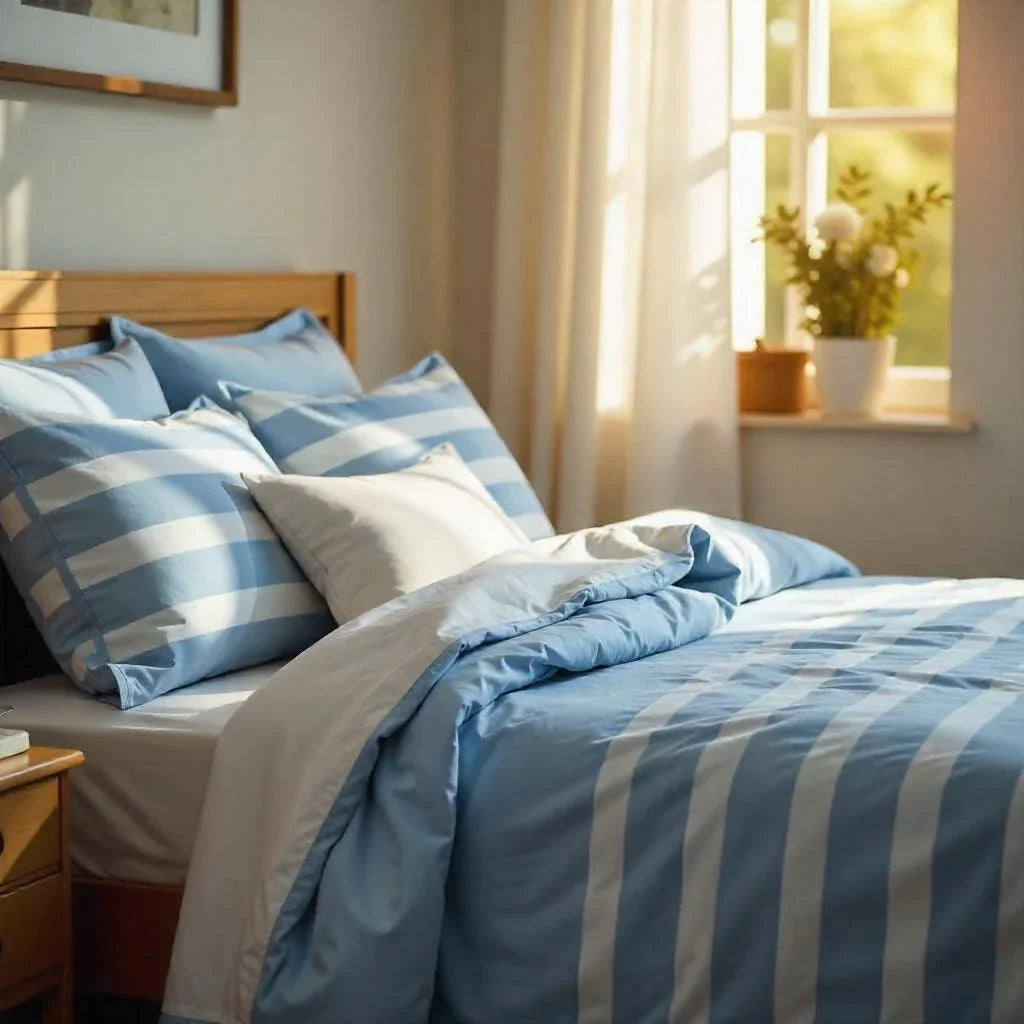 Blue and white striped luxury bedding set with soft pillows and cozy duvet cover