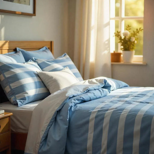 Blue and white striped luxury bedding set with soft pillows and cozy duvet cover