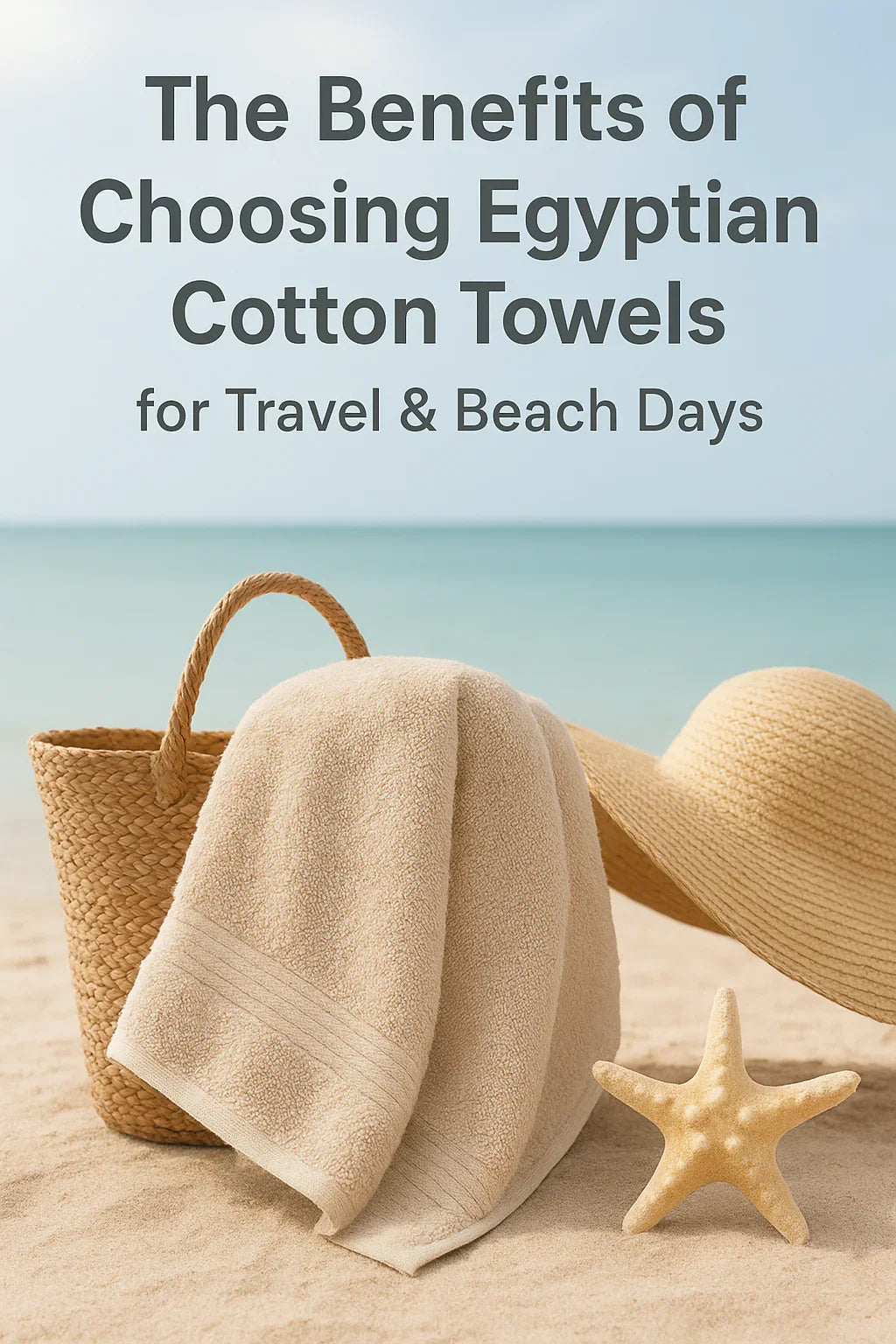 Egyptian cotton beach towel on sand with straw hat and basket, perfect for travel and beach days