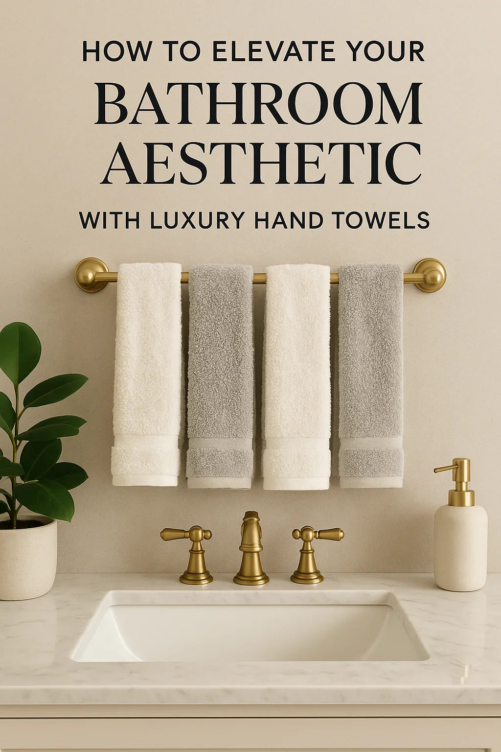 Luxury hand towels in white and gray elevate bathroom aesthetic with gold fixtures and marble sink