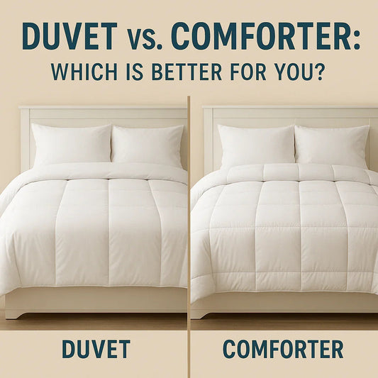 Duvet vs comforter comparison: white bedding on beds, showing differences in style and fill for cozy sleep