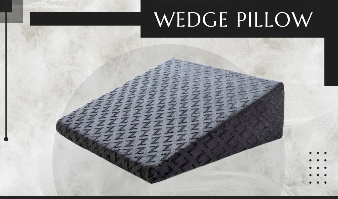 Gray wedge pillow with textured Z-pattern for comfortable back and leg support