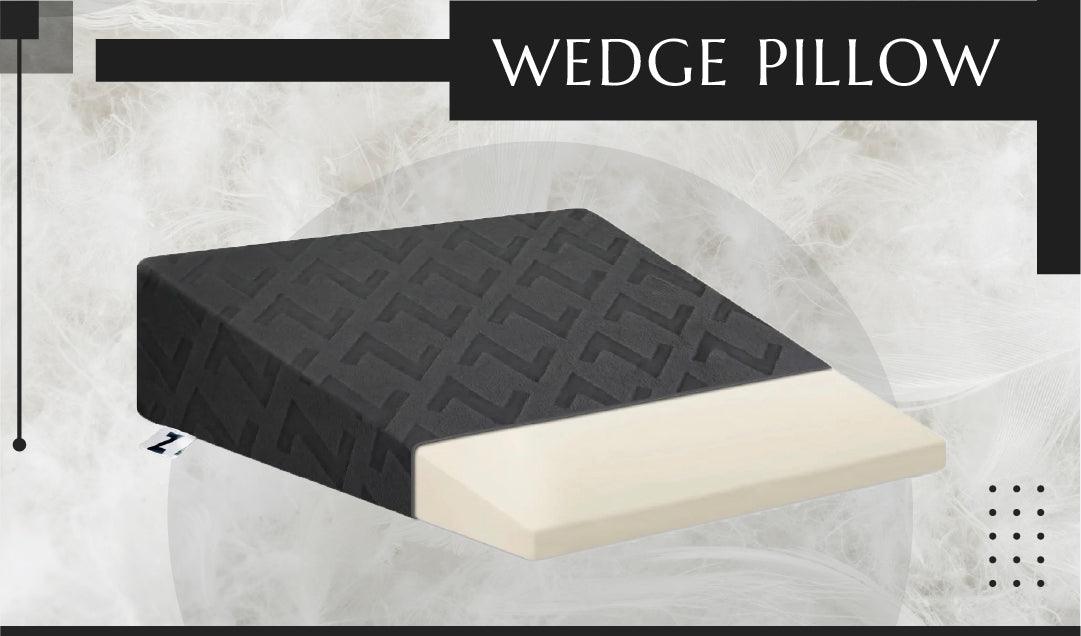 Black and cream wedge pillow with geometric pattern, ideal for sleep support and comfort