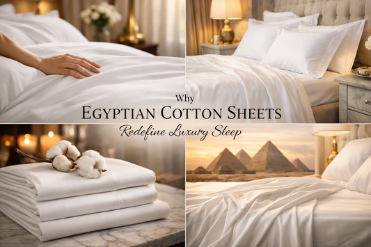 Egyptian cotton sheets for luxury sleep, soft white bedding with cotton bolls and pyramids backdrop