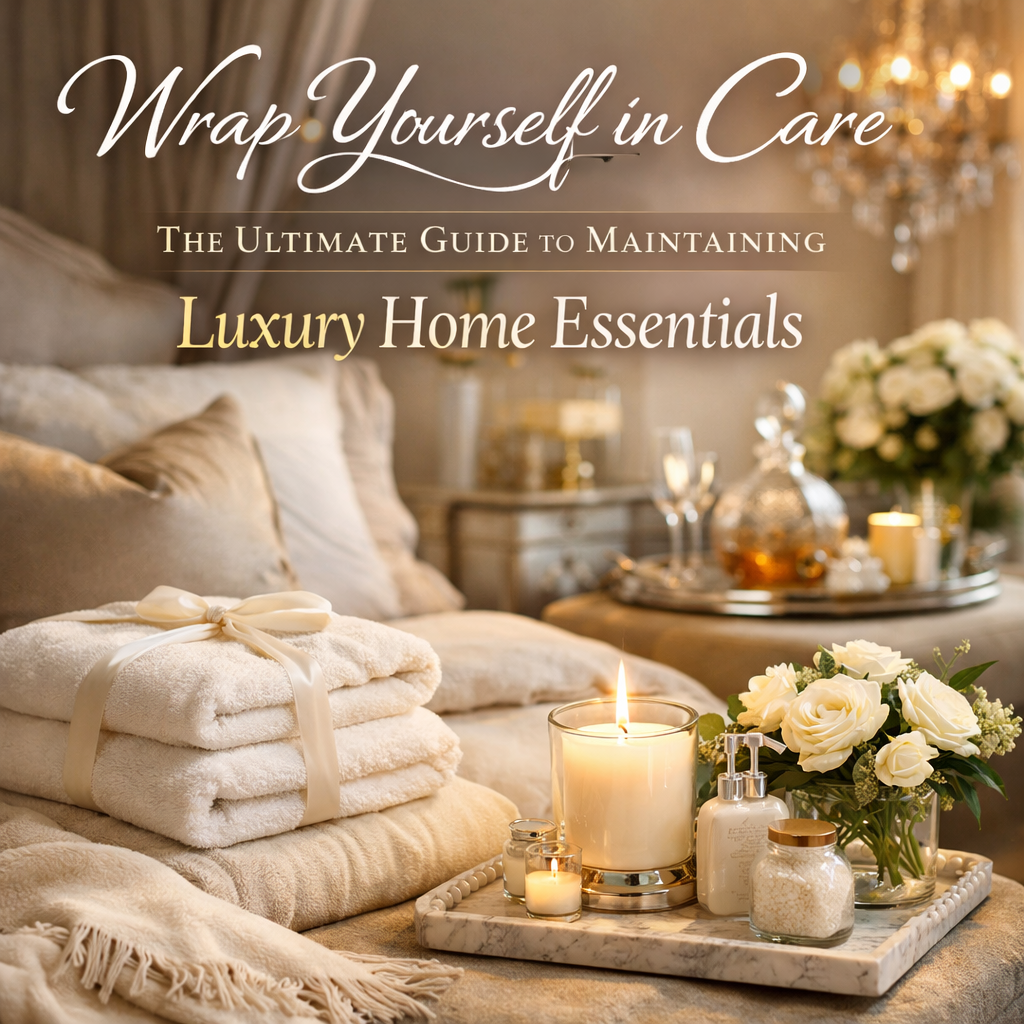 Luxury bath towels and home essentials on bed with candles and flowers, soft lighting for cozy ambiance
