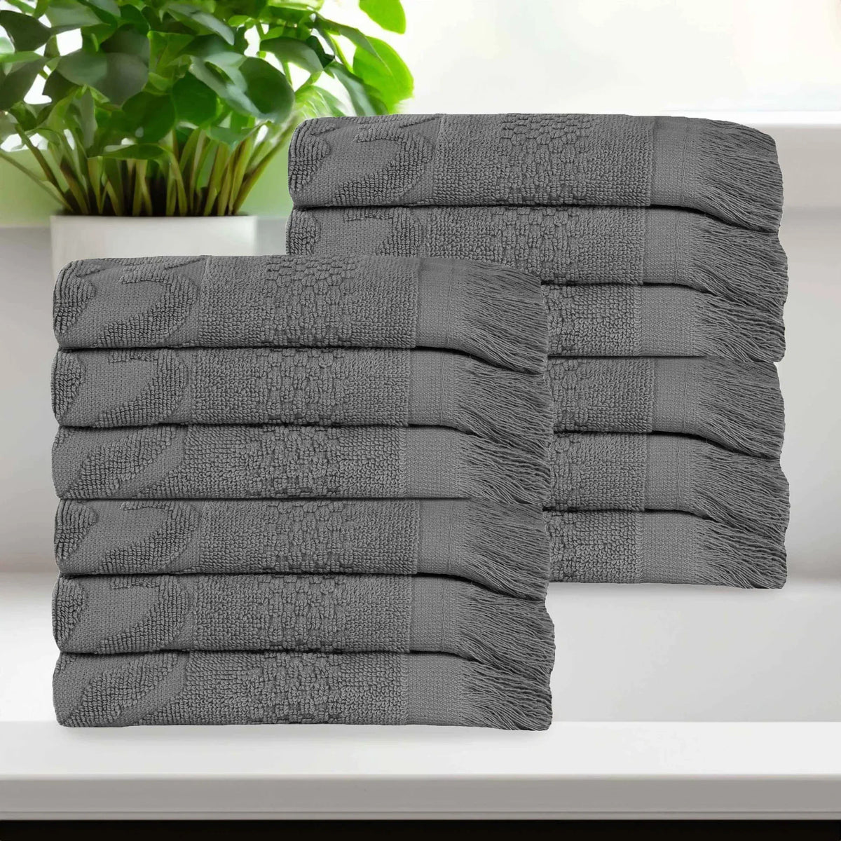 Rolla Cotton Geometric Jacquard Plush Face Towel Washcloth Set of 12