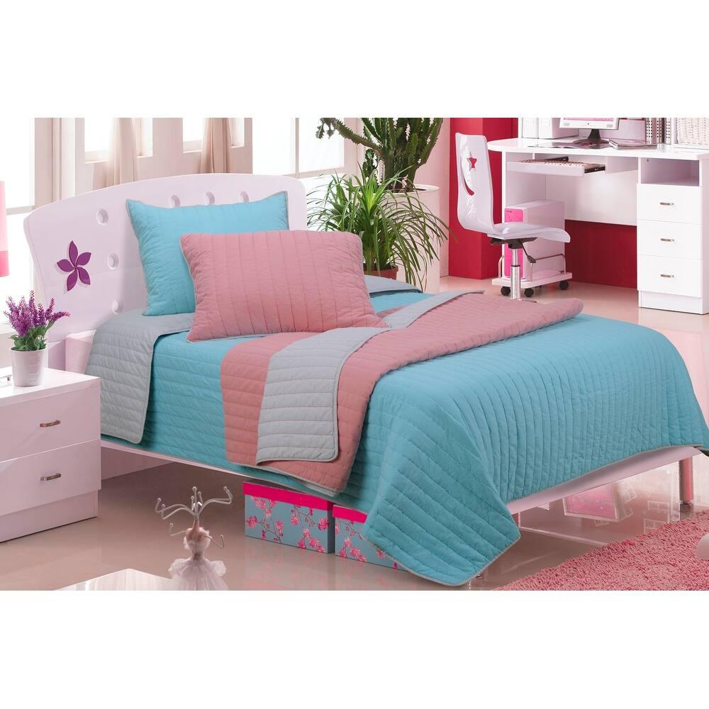 Brandon Cotton EmbroideredSolid Reversible Striped Quilt Set