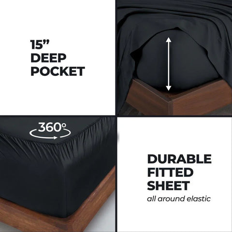 Black fitted sheet with 15" deep pocket, 360° elastic for snug fit, durable luxury bedding