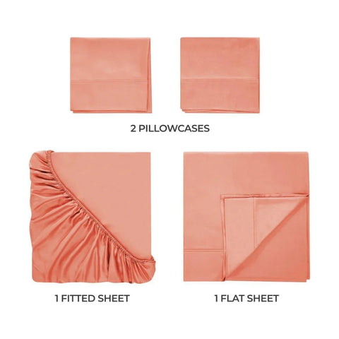 Coral pink 4-piece Egyptian cotton sheet set with fitted, flat sheets and 2 pillowcases
